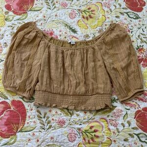 American Eagle Outfitters Mustard Off Shoulder Lace Trim Smocked Top